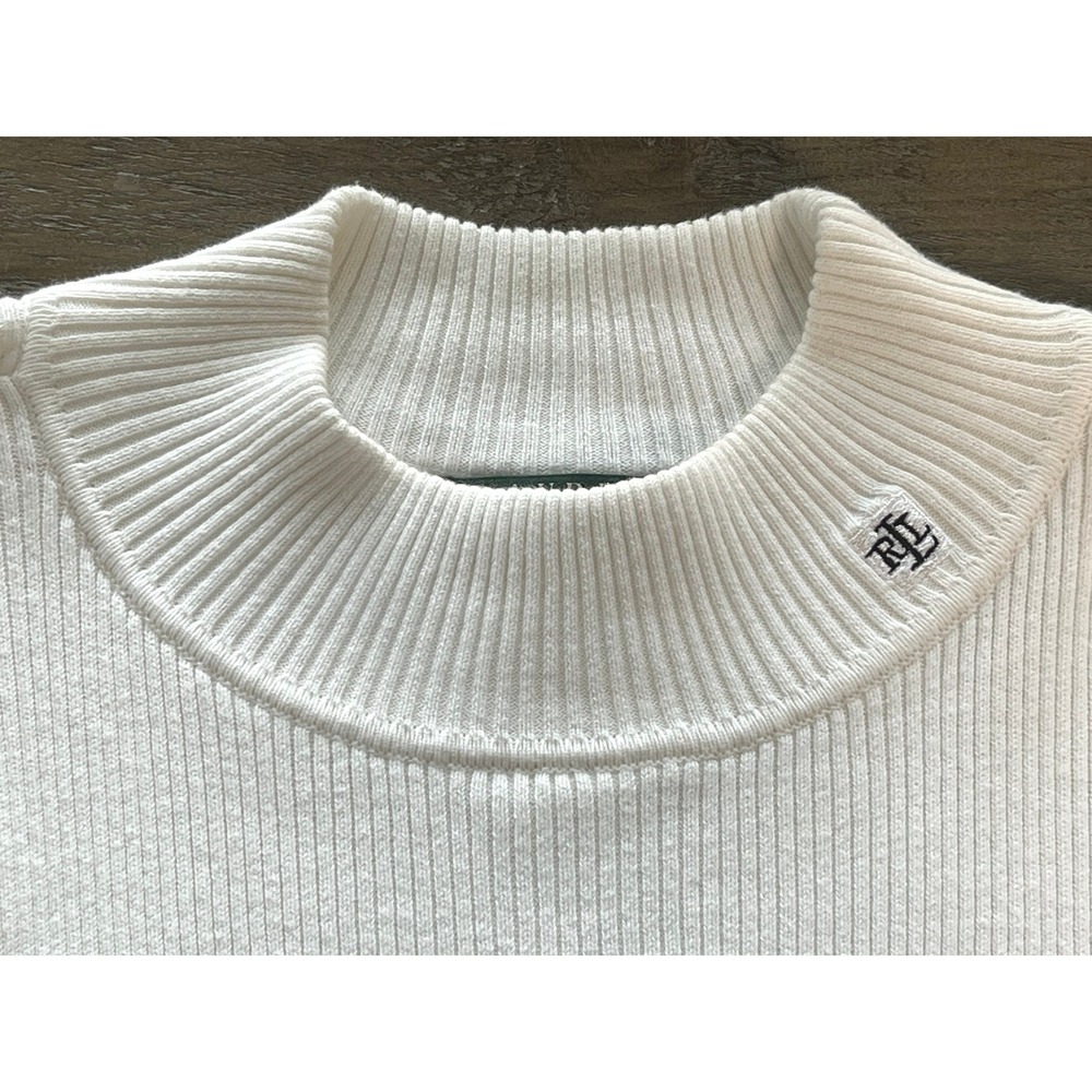Lauren Ralph Lauren White Ribbed Mock Neck Long Sleeve Sweater RL Logo Med READ